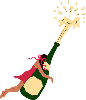 A woman soaring through the air with a bottle of champagne it's party time png