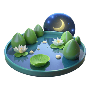 Night Pond Scene 3D Render of Serene Water Lilies, Moon, and Stars png