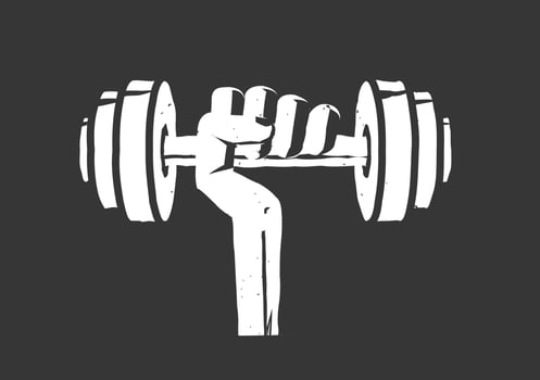 Fitness gym logo element idea vintage retro style illustration, dumbbell weight in hand icon isolated black and white print clipart modern design vector