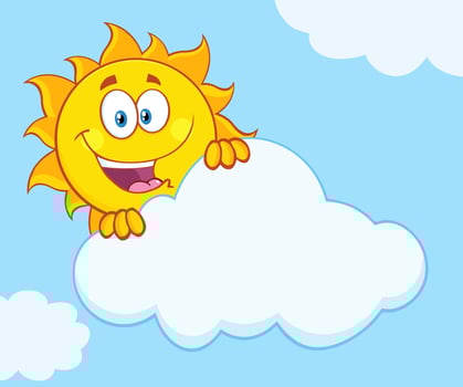 Graphic illustration of a sun with a friendly expression, emerging from behind a white cloud vector