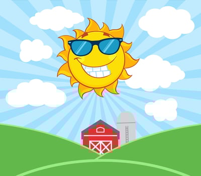 Cartoon sun with radiant rays and stylish sunglasses, shining over green hills and a red barn vector