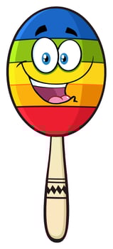 Cheerful maraca with a funny face, traditional colors, and a wooden handle vector
