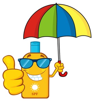 Cartoon sunscreen bottle with sunglasses and thumbs up, symbol of safe sunbathing vector