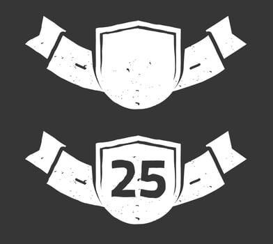 25 years anniversary logo award ribbon icon retro vintage old style, 25th year birthday symbol collection blank empty template isolated on dark background black and white dirty grunge vector