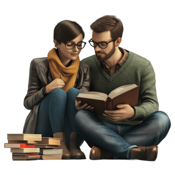 Attentive Couple Reading Books Together on Transparent Background png