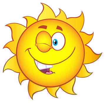 Funny yellow sun with a playful wink, smile, and warm golden rays, joyful illustration vector