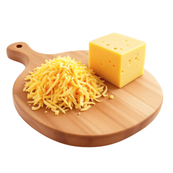 A wooden cutting board with cheese and a cube of cheese png