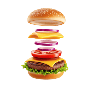 A hamburger with cheese, tomatoes and onions png