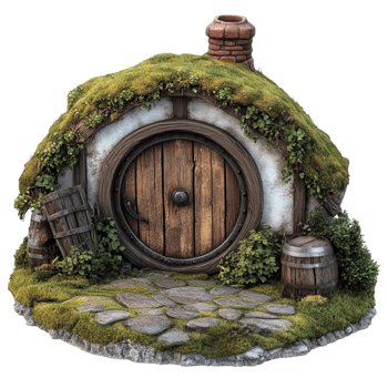Rustic Hobbit House with Moss Roof on Transparent Background png