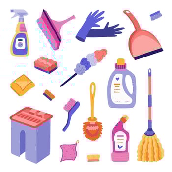 Cartoon set with washing tools for cleansing home in trendy vivid colors. Hand drawn bucket, dustpan, rubber gloves, window scraper, pipidaster. Funny chores devices clipart isolated on background. vector