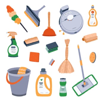 Lovely housekeeping cartoon set to cleanse dirt and grime, wipe dust, wash floor. Hand drawn collection with detergent products and tools. Funny home care clipart isolated on background. vector