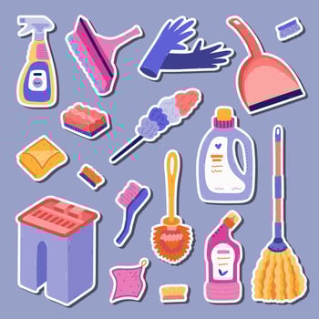 Lovely cartoon sticker set with washing tools for cleansing home in trendy vivid colors for planners, notebooks. Ready for print list of cute stickers of funny chores devices clipart. vector
