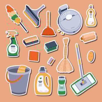 Lovely cartoon housekeeping sticker set for planners, notebooks, scrapbook. Ready for print list of cute stickers of funny home care clipart to cleanse dirt and grime, wipe dust, wash floor. vector