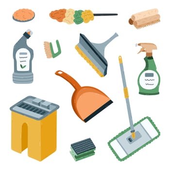 Childish cartoon set with house cleansing supply. Hand drawn bucket, mop, dustpan, glass scraper, washing spray bottle, toilet disinfectant gel, roll of rags. Colorful home care clipart isolated. vector