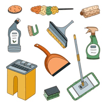 Childish coloured doodle set with house cleansing supply. Hand drawn bucket, mop, dustpan,glass scraper, washing spray bottle, toilet disinfectant gel, roll of rags. Home care collection isolated. vector