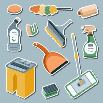 Lovely cartoon sticker set with house cleansing supply for planners, notebooks, diary. Ready for print list of colourful stickers of bucket, mop, washing spray bottle, toilet disinfectant gel, rags. vector