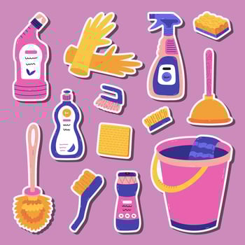 Lovely cartoon sticker set with cleansing products, tools in trendy vivid for planners, notebooks. Ready for print list of childish colorful housekeeping clipart. Toilet cleaner, plunger, gloves. vector