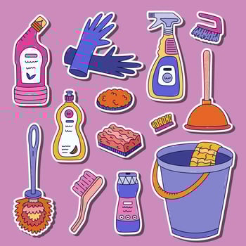 Lovely cartoon doodle sticker set with cleansing products, tools in trendy vivid for planners, notebooks. Ready for print list of colorful housekeeping clipart. Toilet cleaner, plunger, gloves. vector