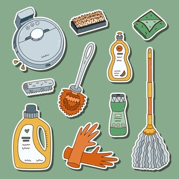 Cartoon line doodle sticker set with washing apartment tools and detergent products for planners, notebooks, diary. Ready for print list of colourful cleansing clipart. Brush, gloves, laundry gel. vector