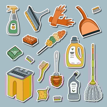 Lovely sticker set with cartoon line doodle of washing tools for cleansing home in trendy warm colors for planners, notebooks. Ready for print list of cute stickers of funny chores devices clipart vector