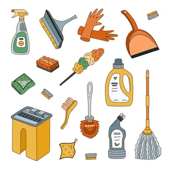 Colorful outline set with washing tools for cleansing home in warm colors. Hand drawn bucket, dustpan, rubber gloves, window scraper, pipidaster. Funny chores devices doodle isolated on background. vector