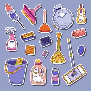 Variety of colorful cleaning supplies and tools vector