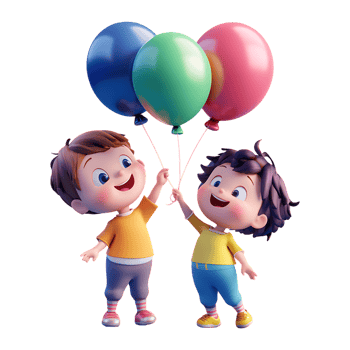 Two children holding balloons on a transparent background png