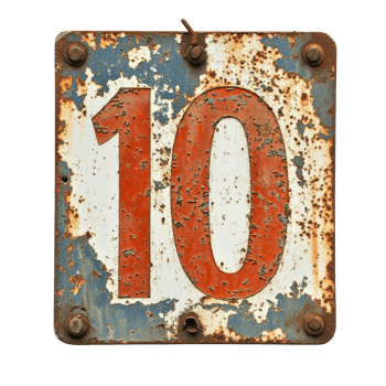 Rusty old sign displaying the number ten with a distressed Transparent background, rusty old sign with the number ten on it, background png