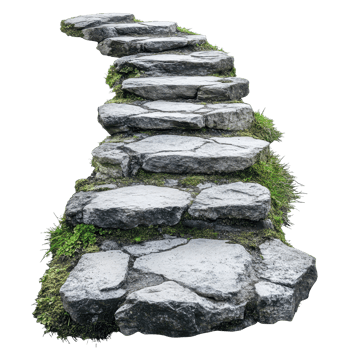 Stone steps ascend a winding path lined with greenery in a serene outdoor setting, stone path with steps leading up to the top, Transparent background png