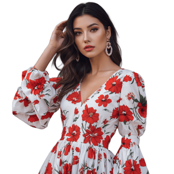 The model wears a red and white floral print dress png