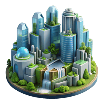 Eco-City Sustainable Urban Design with Green Spaces and Waterfall png