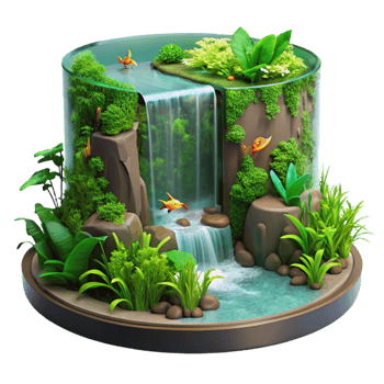 Miniature Waterfall Ecosystem Tabletop Garden with Fish png