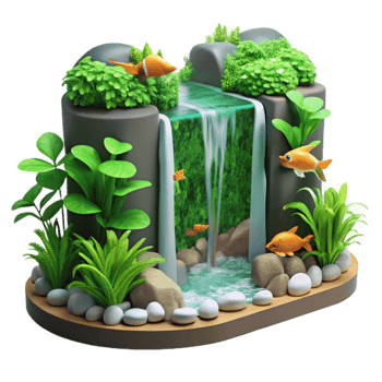 Miniature Waterfall Aquarium with Tropical Plants and Fish png