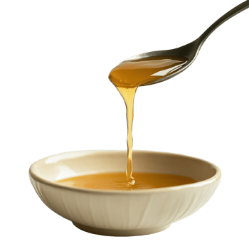 Liquid honey pours from a spoon into a cream-colored bowl on a smooth surface, spoon with liquid pouring out it in a bowl, Transparent background png