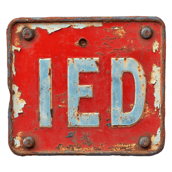 Rusty red sign with the word IED prominently displayed, conveying a cautionary message, rusty red sign with the word i red on it, Transparent background png