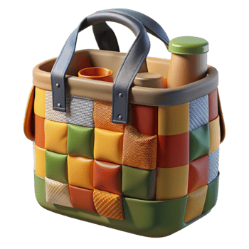 Colorful Patchwork Picnic Basket with Drinks Cups png