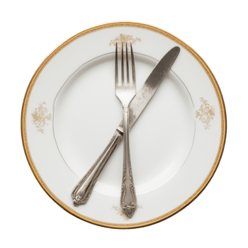 Crossed fork and knife elegantly placed on a white plate with decorative rim, Silverware-Crossed Fork and Knife on Plate, Transparent background png