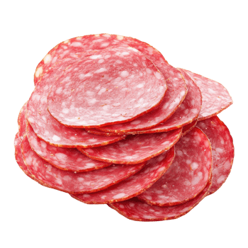 Salami sausage slices arranged neatly on a Transparent background for culinary presentation and food styling, Salami sausage slices ham isolated on png