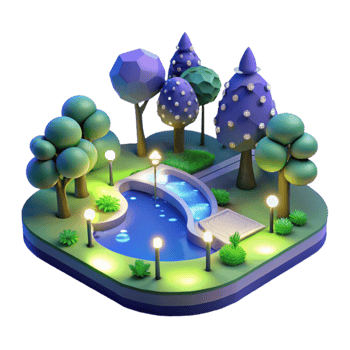 Night Park 3D Isometric Pond, Trees, and Lights png