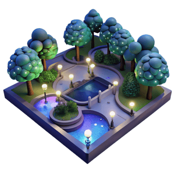 Night Park Illuminated Pathways, Scenic Pools, Lush Trees png