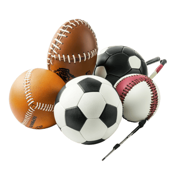 Collection of various sports balls and equipment set against a clean Transparent background, Sports Equipment isolated on background png