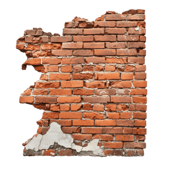 Weathered red brick wall shows signs of collapse and deterioration over time, Ruined, collapsed, cracked, or broken weathered red brick wall, isolated on White background png