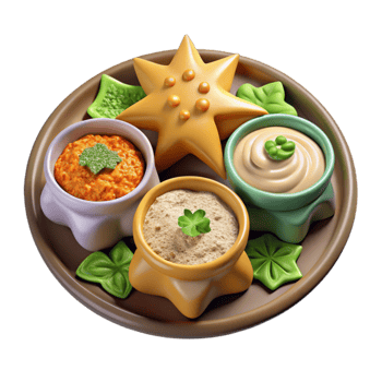 Star-Shaped Appetizer Platter with Three Dips and Spice png