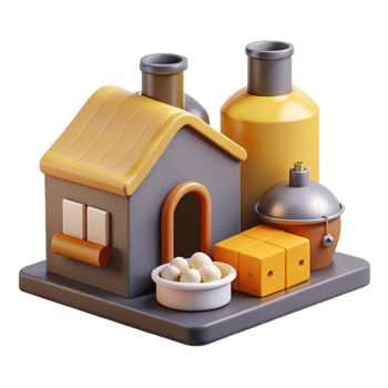 3D Render of Small House, Factory, and Food png