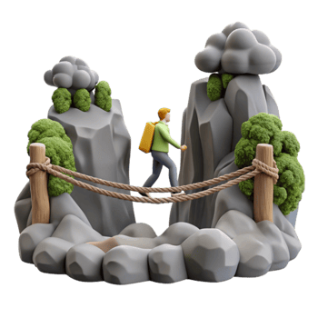 Climber Crossing Rope Bridge Between Mountains png