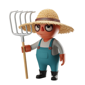 Adorable Cartoon Farmer Holding Pitchfork Farm Illustration 3d fun hay hat cute png