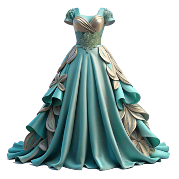 Teal Ball Gown with Gold Floral Embroidery png
