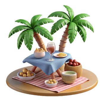 Tropical Picnic Snacks, Wine, and Palm Trees png