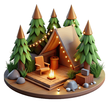 Cozy Campsite 3D Render of a Tent in the Woods png