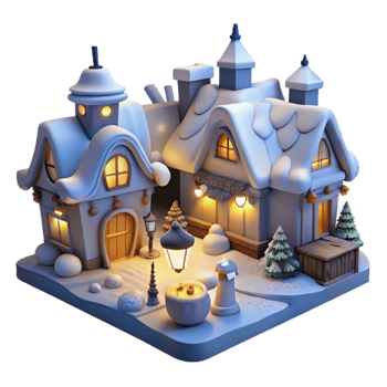 Enchanted Winter Village 3D Render of Cozy Snow Houses png